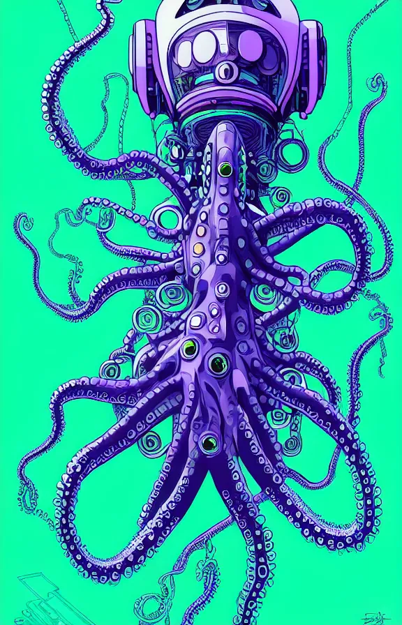 Image similar to robotic cyberpunk octopus by miyazaki, blue green purple color palette, symmetrical poster illustration, kenneth blom, mental alchemy, james jean, pablo amaringo, naudline pierre, contemporary art, hyper detailed