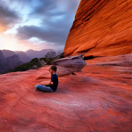 Image similar to award winning cinematic still of teenager boy praying in zion national park, rock formations, colorful sunset, epic, cinematic lighting, dramatic angle, heartwarming drama directed by Steven Spielberg, highly detailed concept art, wallpaper