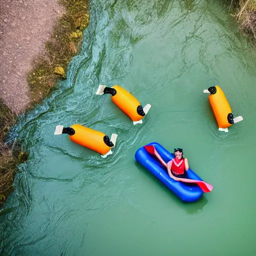 Prompt: a gang of homies having fun on a river float down the snoqualmie river with a big inflatable mallard duck, summertime, drone photography, beautiful, 8k, trending on artstation