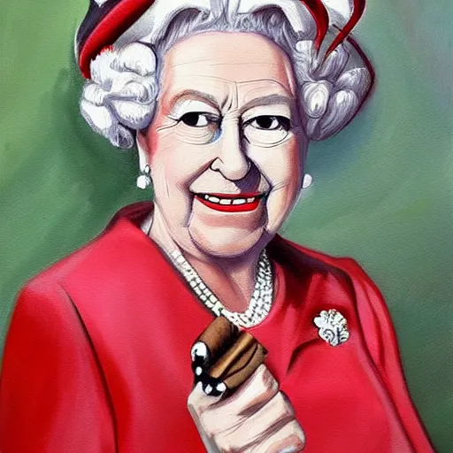 Image similar to Realistic painting of Queen Elizabeth II smoking a cigar on a unicycle