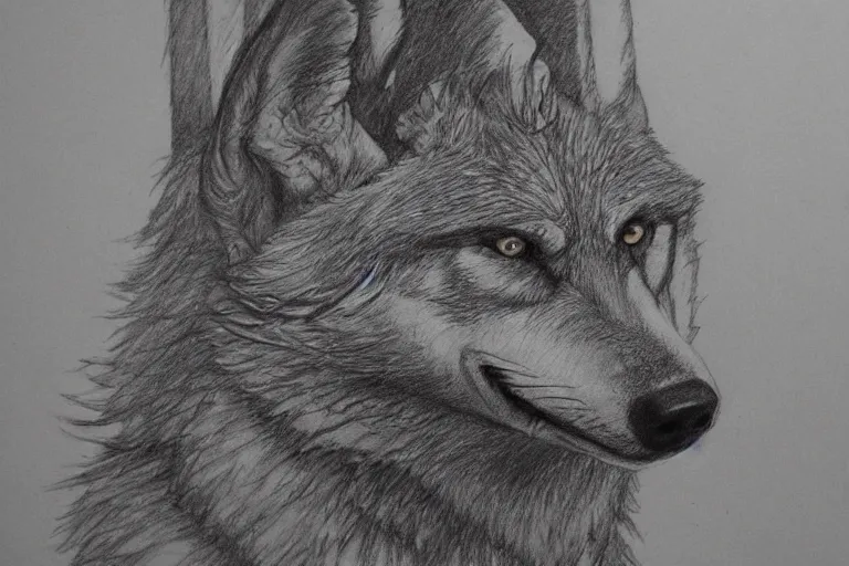 Image similar to a pencil drawing of a wolf, full body, D&D, armor, made by by Pen Tacula