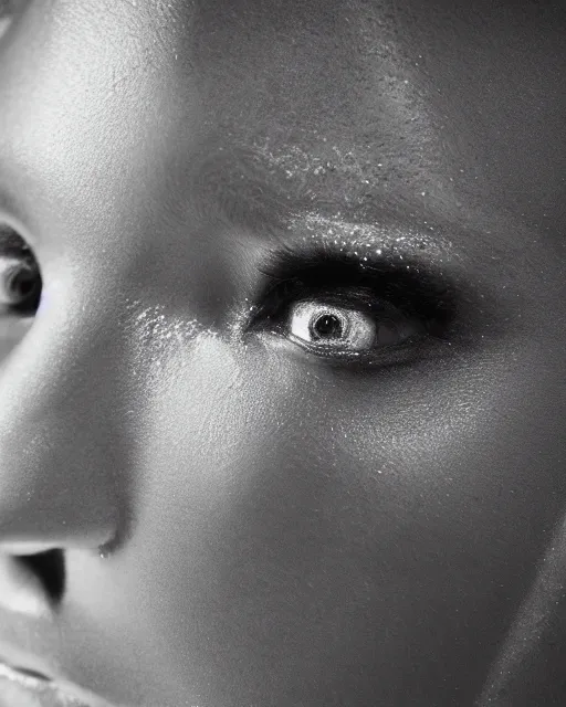 Prompt: soft focus close up portrait of an android with soft synthetic skin, bioluminescent plastics, smooth shiny metal plates, piercings, by annie liebovotz,