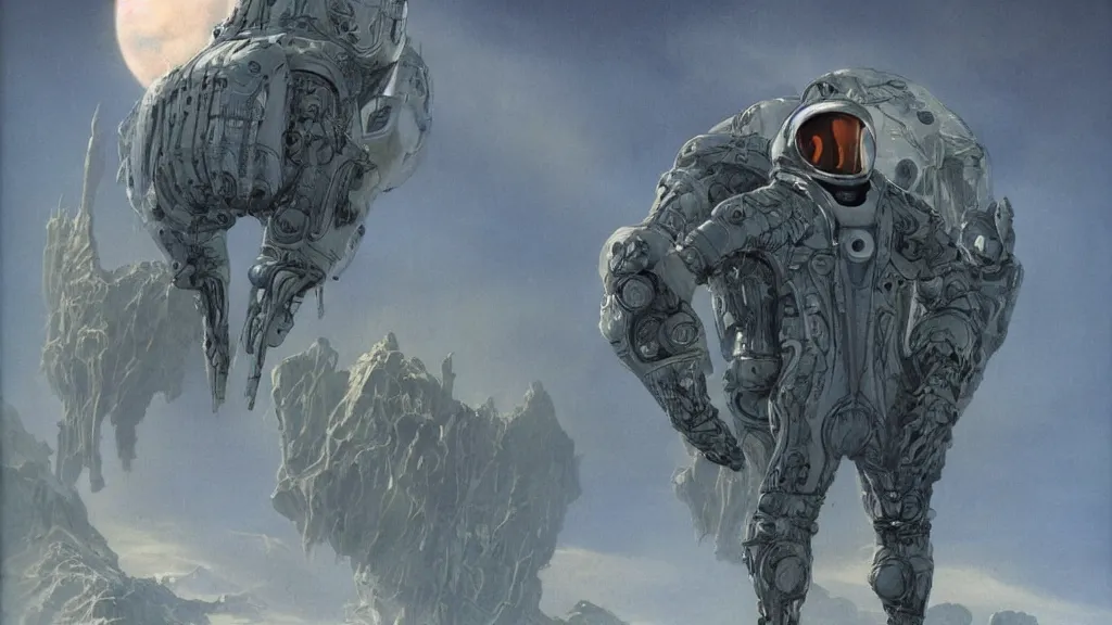 Image similar to futuristic organic spacesuit design by john schoenherr and jim burns, epic cinematic matte painting