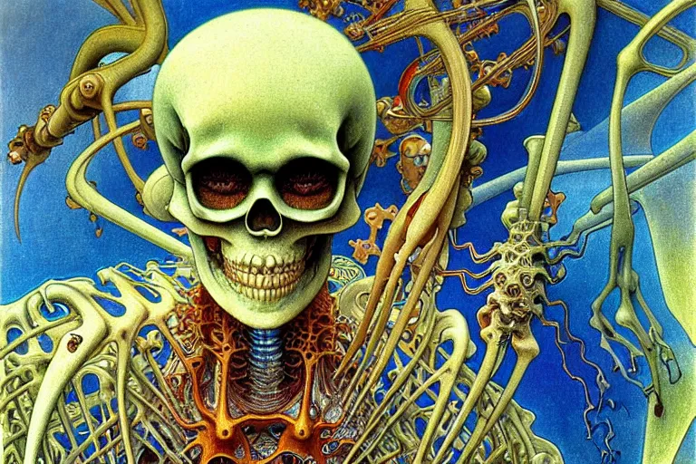 Image similar to realistic detailed closeup portrait painting of a single skeleton wearing a cape in a crowded futuristic moscow street by Jean Delville, Amano, Yves Tanguy, Alphonse Mucha, Ernst Haeckel, Edward Robert Hughes, Roger Dean, rich moody colours, blue eyes