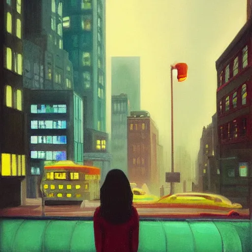 Prompt: “ a girl looking down at a futuristic new york city below, ghostpunk, neon lights, fog, storm clouds, rain, detailed face, oil painting, by edward hopper ”