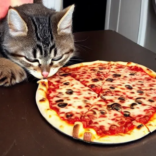 Prompt: cat eating a slice of cheesy pizza, cat eating, pizza in a cat's mouth, eating a pizza, paws holding pizza, cat eating a slice, cat holding pizza slice, cat holding pizza slice