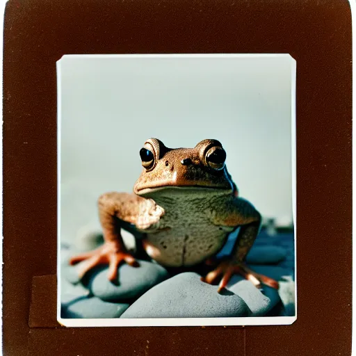 Image similar to a toad on a pile of round smooth rocks put one on another, polaroid photo, instax, white frame, by Warhol,