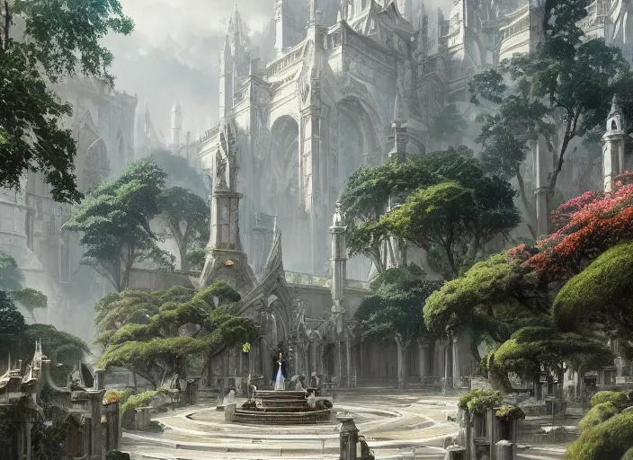 Image similar to A wide open courtyard in a beautiful elven city made of white marble, anime, lush trees, fountain, a fantasy digital painting by Greg Rutkowski and James Gurney, trending on Artstation, highly detailed