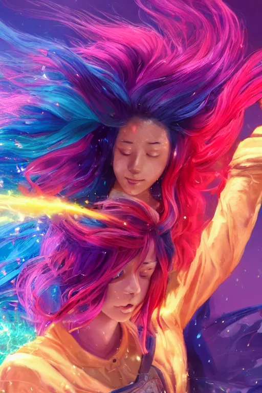 Image similar to girl sorcerer with colorful hair, learning use magic. radiating colorful energy. photorealistic, magical atmosphere,, holographic undertones, highly saturated colors, by kan liu, andreas rocha, guillaume tholly, gthl. art, makoto shinkai, genshin impact, studio ghibli. trending on artstation. award winning, daily deivation