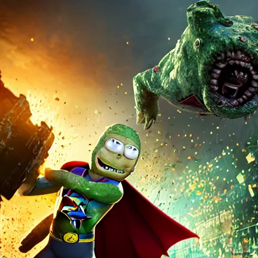 Image similar to pickle rick is flying as superman flying in ( gears of war ), splash art, movie still, detailed face, photorealistic facial features, cinematic lighting, dramatic, octane render, long lens, shallow depth of field, bokeh, anamorphic lens flare, 8 k, hyper detailed, 3 5 mm film grain