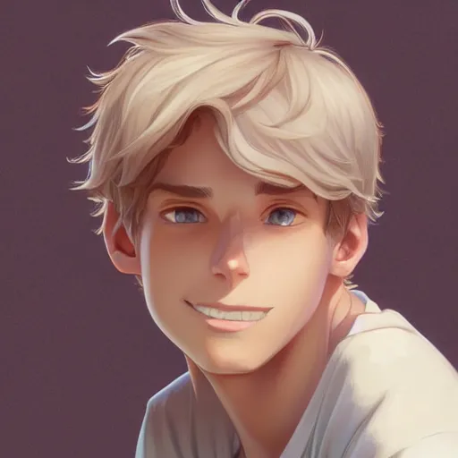 Image similar to young man with short, ash blond greyish hair, light brown eyes, casual clothes, relaxing, happy, path traced, highly detailed, high quality, digital painting, by don bluth and ross tran and studio ghibli and alphonse mucha, sylvain sarrailh, beautiful details