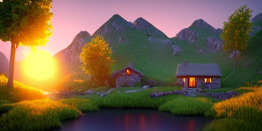 Prompt: a beautiful fantasy landscape, mountain in background, little cottage, small pond, some trees in the corner, sunrise, hyper realism, octane render