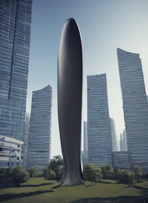 Image similar to highly detailed architecture render of a huge high futuristic metallic stele sculpture in zaha hadid style standing in city park, archdaily, made in unreal engine 4