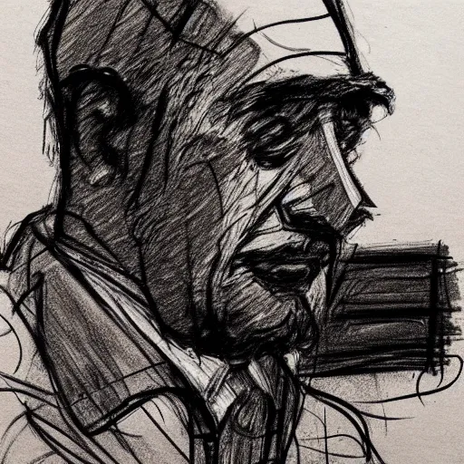 Image similar to a realistic yet scraggly portrait sketch of the side profile of a stern and sophisticated the demoman, trending on artstation, intricate details, in the style of frank auerbach, in the style of sergio aragones, in the style of martin ansin, in the style of david aja, in the style of mattias adolfsson