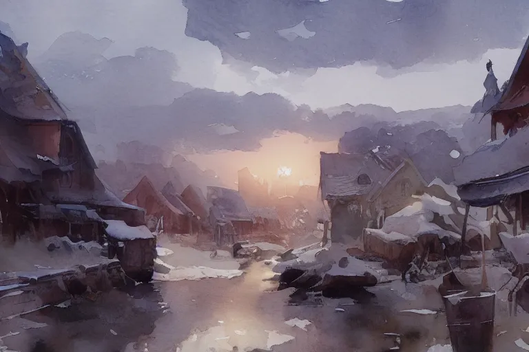 Image similar to small centered on watercolor paper, paint brush strokes, abstract watercolor painting of western viking town, midday sharp light, dust, cinematic light, american romanticism by hans dahl, by jesper ejsing, by anders zorn, by greg rutkowski, by greg manchess, by tyler edlin