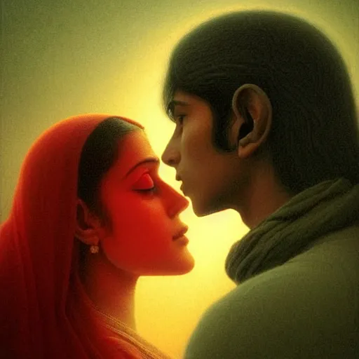 Image similar to perfectly - centered movie promotional poster - photograph of a young indian guy and a beautiful girl side profile faces symmetrical ; real life portrait by beksinski and jean delville, romantic theme, two lovers sharing one heart, unreal engine 5, photorealism, hd quality, 8 k resolution, cinema 4 d, hdr dramatic lighting ; symmetrical, cinematic, high coherence