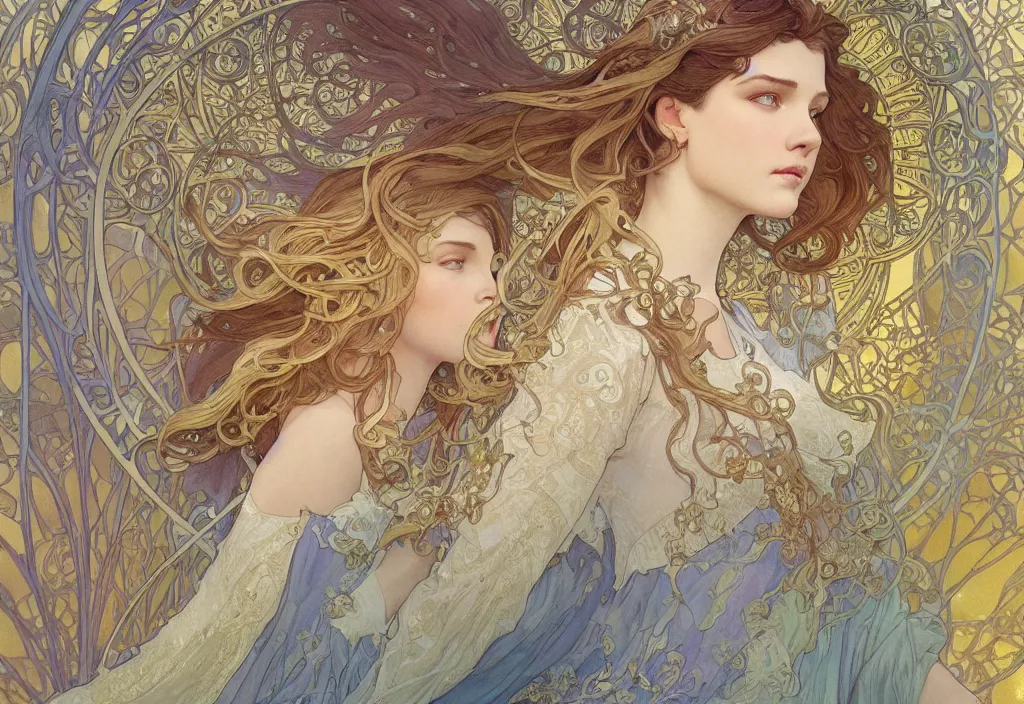 Image similar to an angel, highly detailed, very intricate, art nouveau, gold filigree, romantic storybook fantasy, soft cinematic lighting, award - winning, disney concept art watercolor illustration by mandy jurgens and alphonse mucha and alena aenami, pastel color palette, featured on artstation