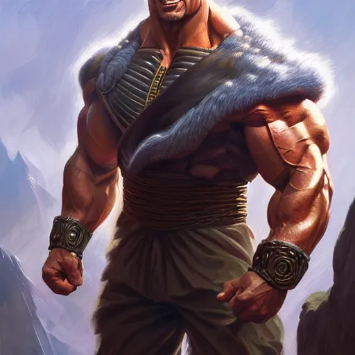 Image similar to Dwayne Johnson as a Super Saiyan, western, D&D, fantasy, intricate, elegant, highly detailed, digital painting, artstation, concept art, matte, sharp focus, illustration, art by Artgerm and Greg Rutkowski and Alphonse Mucha