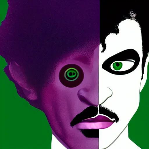 Image similar to a portrait of prince as two face. half his face is white with green hair. in the style of herbert bayer