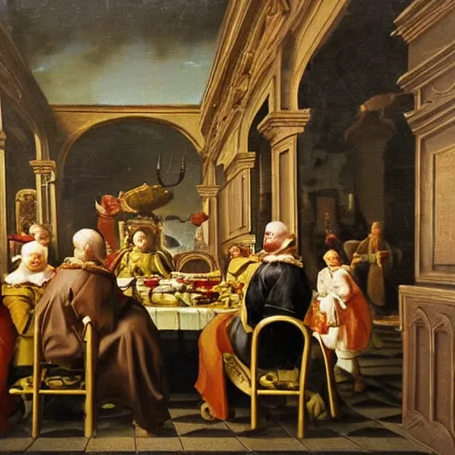 Prompt: A flemish baroque oil painting of people eating at macdonalds