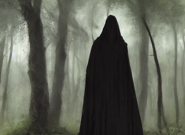 Prompt: A figure with a dark cloak wondering around in a forest, Greg Rutkowski