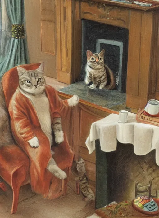 Image similar to A humanoid cat at home in a bathrobe and slippers with a cup of coffee next to the fireplace, Kenneth Grahame, 8k, hd