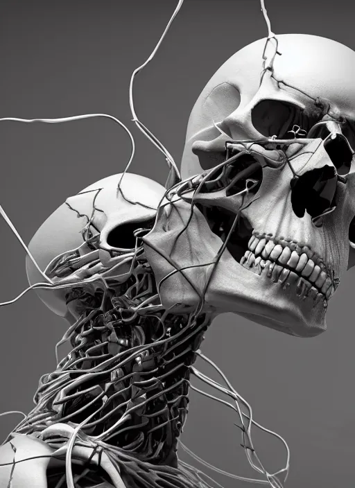 Image similar to an intricate detailed scifi skull plugged into wires by vitaly bulgarov, ivy, hardmesh, unreal engine 5, cyberpunk