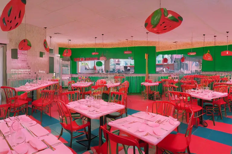 Image similar to 1 9 9 2 watermelon themed diner, tables repeat endlessly into the horizon, fruitcore, watermeloncore, one point perspective, americana, restaurant interior photography, 5 5 mm