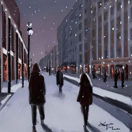 Image similar to two people in the street of london in winters, trending on artstation