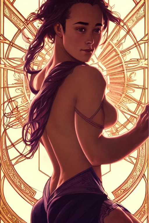 Image similar to symmetry!! intense fanart of 3 / 4 back pose of alizee as acotar protagonist, intricate, elegant, highly detailed, my rendition, digital painting, artstation, concept art, smooth, sharp focus, illustration, art by artgerm and greg rutkowski and alphonse mucha