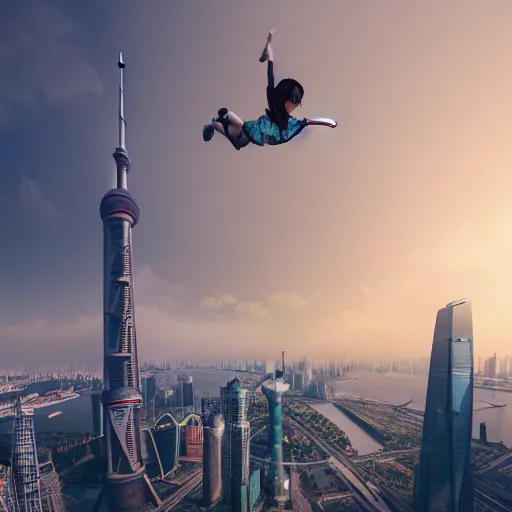 Prompt: a girl flying upon shanghai lujiazui, cityscape, cloud day, artstation, 8 k