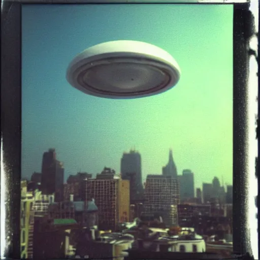 Image similar to a ufo flying over a city, distant!, blurry photo, old polaroid, expired film, historical photo,