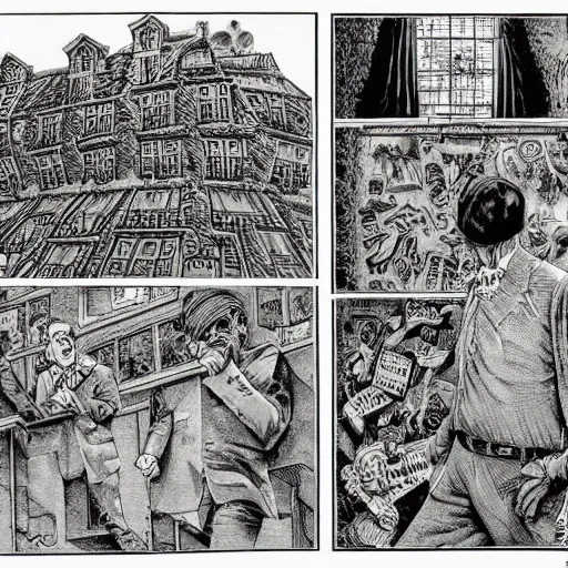 Prompt: a six panel pen and ink surrealist comic strip robert crumb jack davis mc escher masterpiece perfect composition very strange - w 1 0 2 4