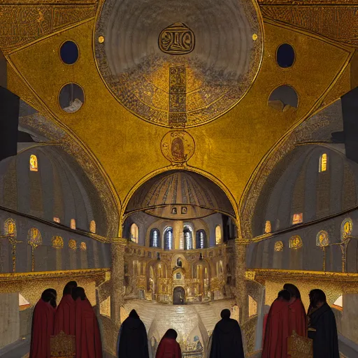 Prompt: divine liturgy being held inside the hagia sophia church, highly detailed, digital painting, concept art, sharp focus, by makoto shinkai