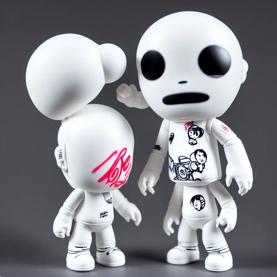 Image similar to an all white art vinyl figure, in the style of kidrobot, sket - one x iamretro, kenny wong x pop mart, space molly, frank kozik, guggimon, studio lighting, subsurface diffusion