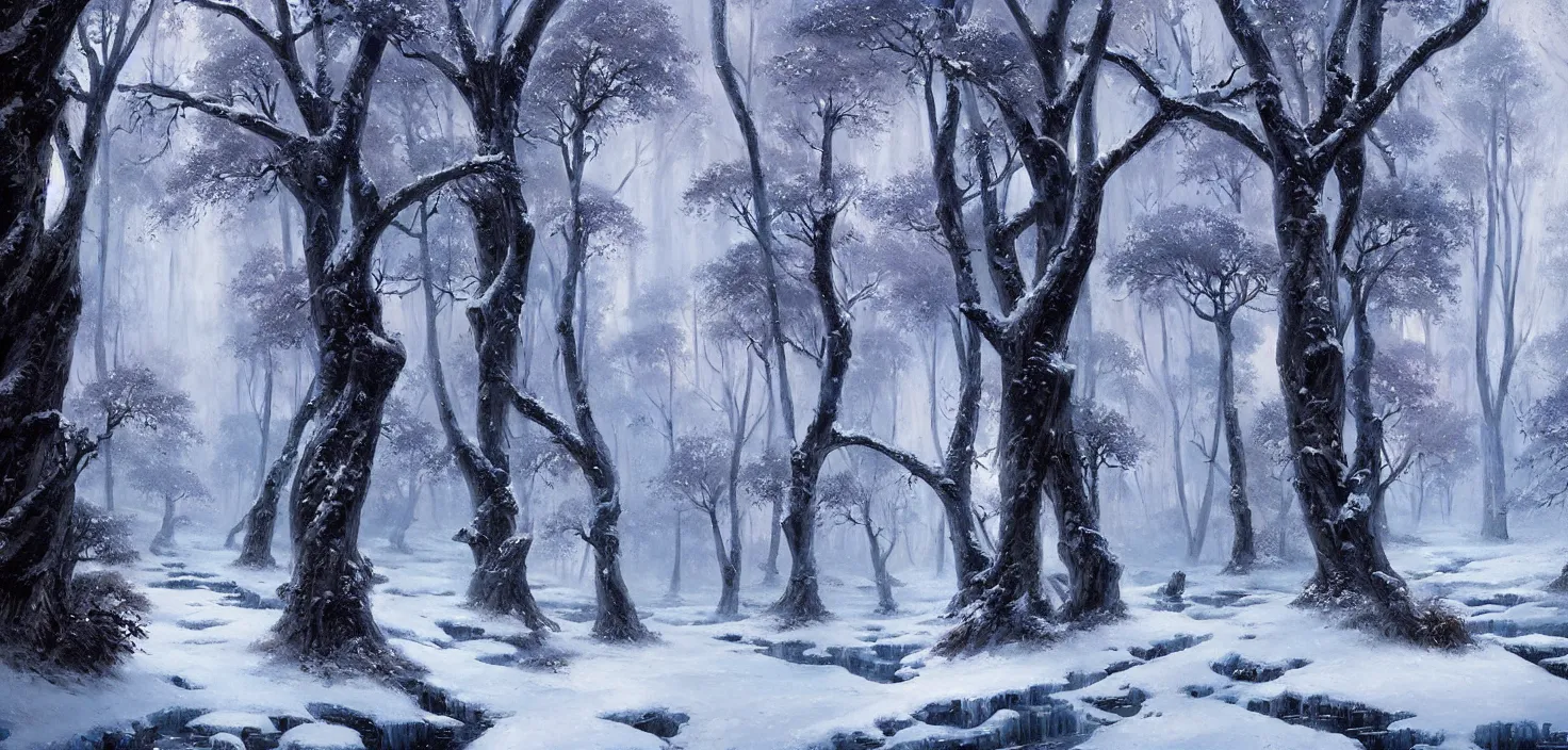 Prompt: the most beautiful panoramic landscape, oil painting, where a giant dreamy waterfall is frozen, the trees around have snow over their leafs, by greg rutkowski