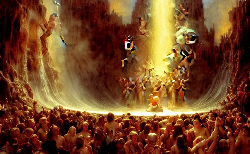 Image similar to alvah angelrune water portal to hell located in heaven, crowd of people, rule of thirds, 4 k, dark bright effect, highly detailed painting by gaston bussiere, craig mullins, j. c. leyendecker, michelangelo