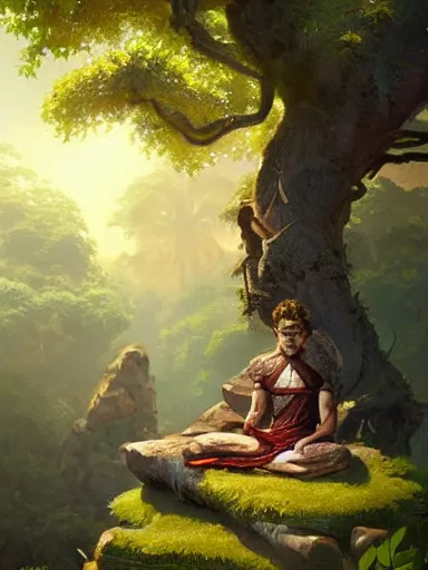 Image similar to a grumphy man, legs crossed, arms crossed. under a bodhi tree. intricate, elegant, highly detailed, digital painting, artstation, concept art, sharp focus, illustration, by justin gerard and artgerm, 8 k