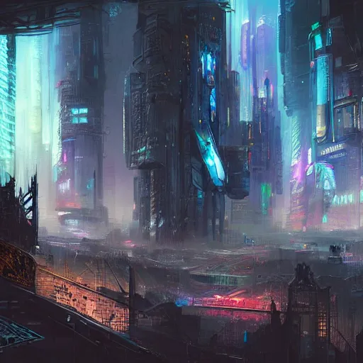 Image similar to concept art, high fantasy, cyberpunk, cityscape