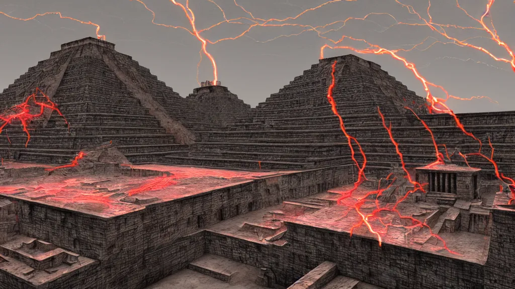 Image similar to blood light with electricity on top of aztec pyramids floating in the sky, marble surfaces, stone surfaces, fine details, studio lighting, close up subtle shadows, art by katsuya terada, photorealism, hyper realism, octane render, hyper detailed, medium shot, 8 k, raw, unedited, in - frame,