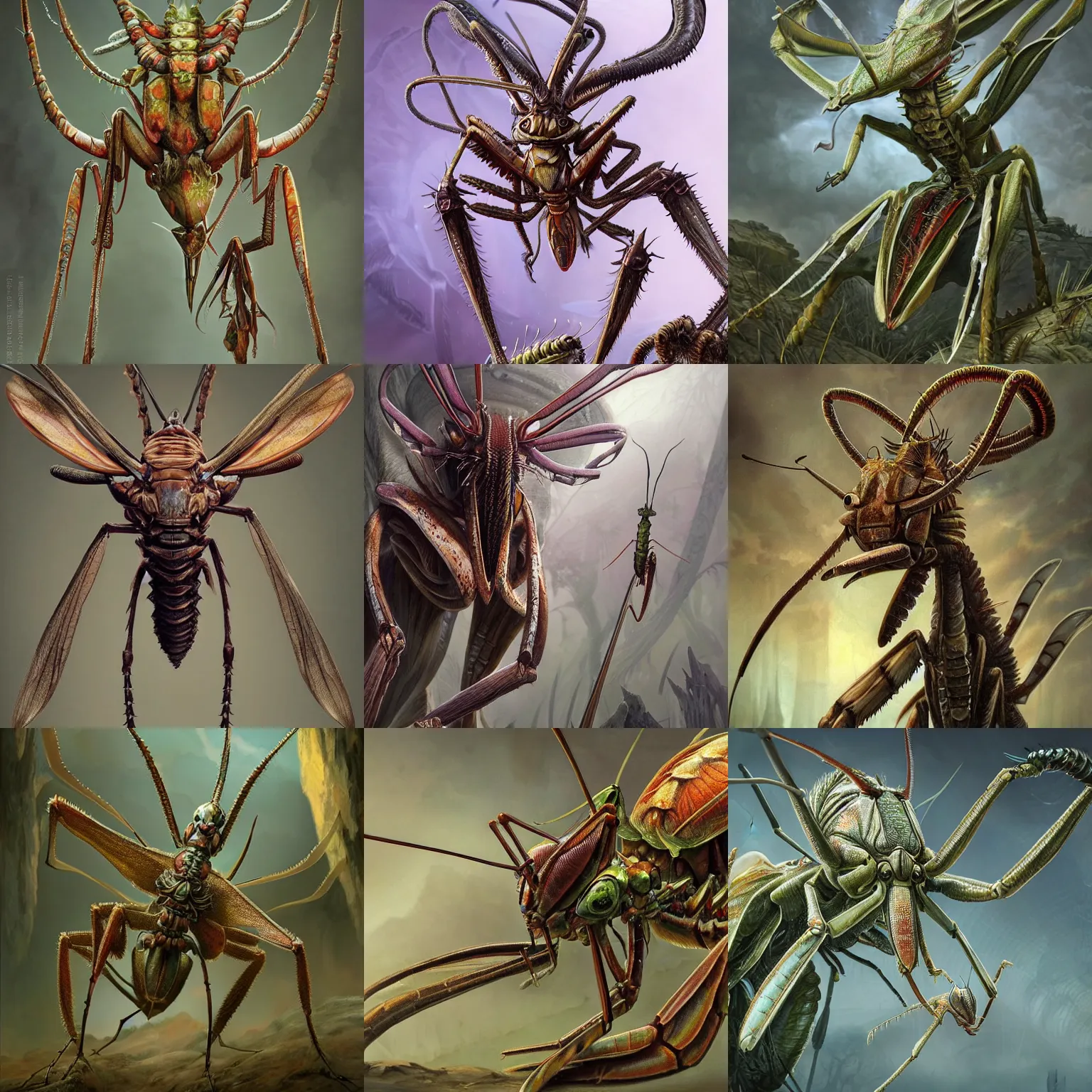 Prompt: a concept art of a mantis assassin with razor sharp claws, apex predator, antennae on a hestiasula head, mantid features, insectile forearms folded, anatomically correct, highly detailed, fantasy art, epic composition, post processing, character design, octane render, artstation hd, by ernst haeckel and greg rutkowski