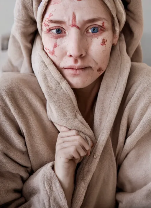 Image similar to homely but adorable blonde woman, underweight, deep scars across left cheek, wearyworn but optimistic expression, wearing beige pajamas and robes