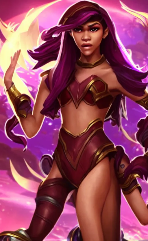 Image similar to Zendaya as a character in the game League of Legends, with a background based on the game League of Legends, detailed face, old 3d graphics