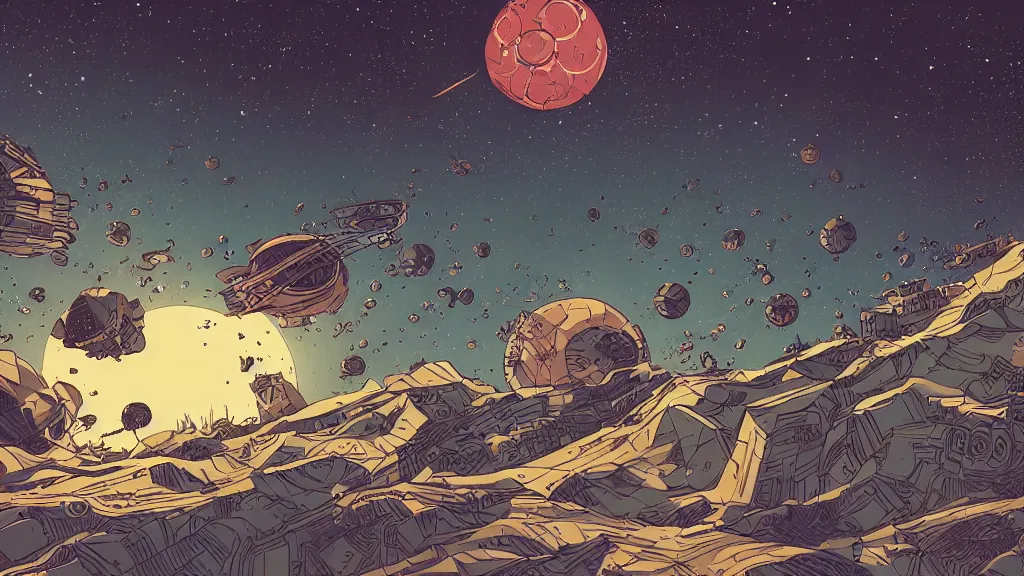 Image similar to very detailed, prophet graphic novel, ilya kuvshinov, mcbess, rutkowski, simon roy, illustration of a space junk floating around a dead planet, wide shot, colorful, deep shadows, astrophotography