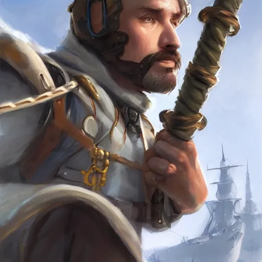 Prompt: plucky charming white male rogue climbing ship ladder, naval background, fantasy, D&D 5e, 5th edition, portrait, piercing stare, highly detailed, digital painting, HD, artstation, concept art, matte, sharp focus, illustration, art by artgerm and greg rutkowski