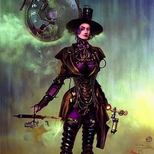 Prompt: steampunk android that emits purple fog, art by howard david johnson