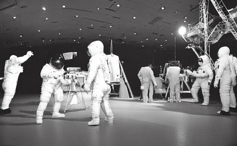 Prompt: Behind the scenes photos of the faked Apollo 11 Lunar landing on a Hollywood sound stage directed by Stanley Kubrick. Leica IIIc, 35mm. Black and white film. Grainy, low contrast, blurry, candid