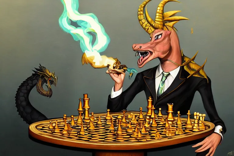 Prompt: oil painting art deco cartoonish fantasy dragon shiny scales golden highlights smoking a cigar sitting at a chess table strategy wearing a handsome suit, trending on artstation, deviantary, furaffinity, line weight