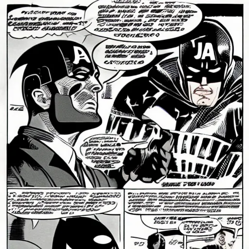 Prompt: comic book pane of captain america arresting batman, silver age of comics, Jack kirby illustration