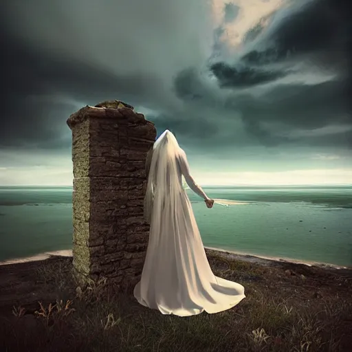 Image similar to Southern Gothic scene of a bride looking the distant shore, painted by Michal Karcz